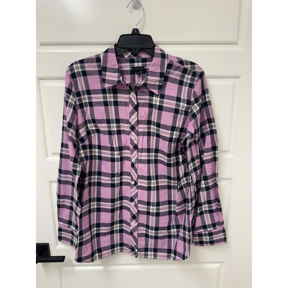 Talbots Womens Large Purple Plaid Button Front Cotton Blouse Long Sleeve